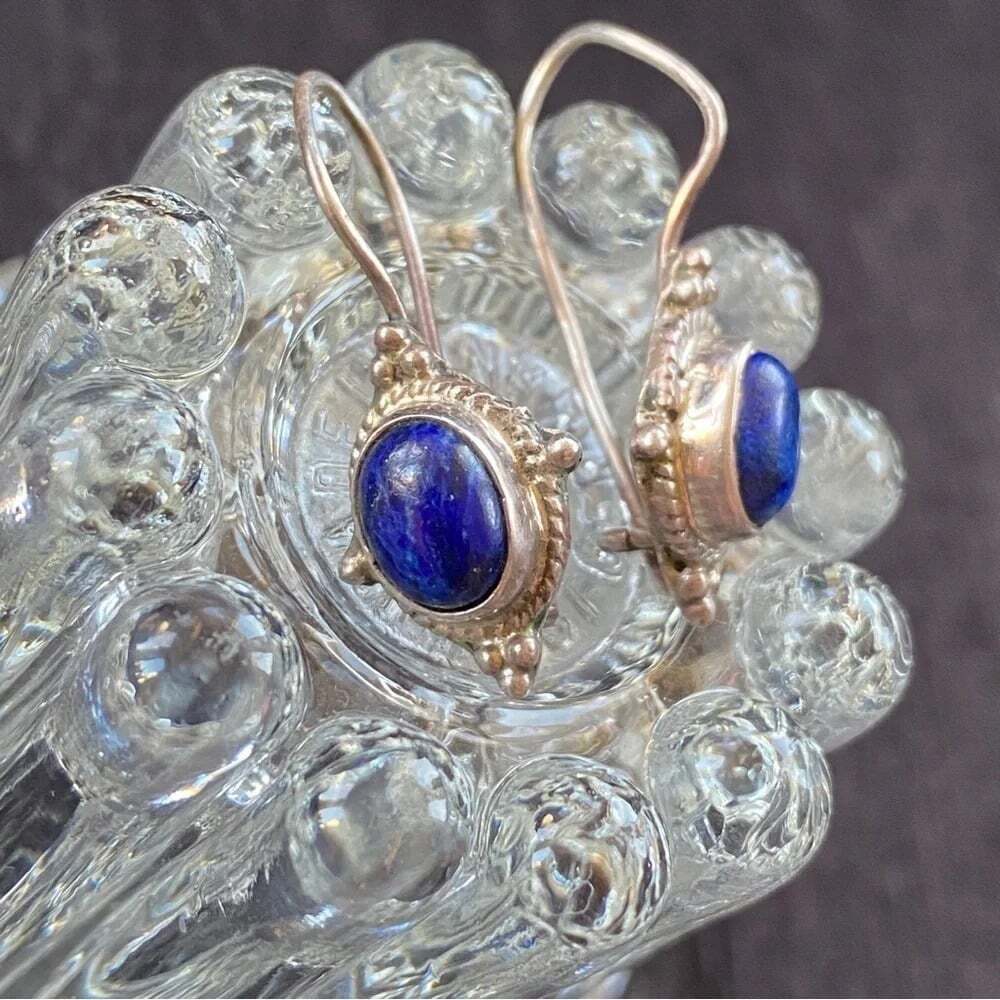 Silver Marked Lapis Lazuli Drop Earrings with Hook Backing
